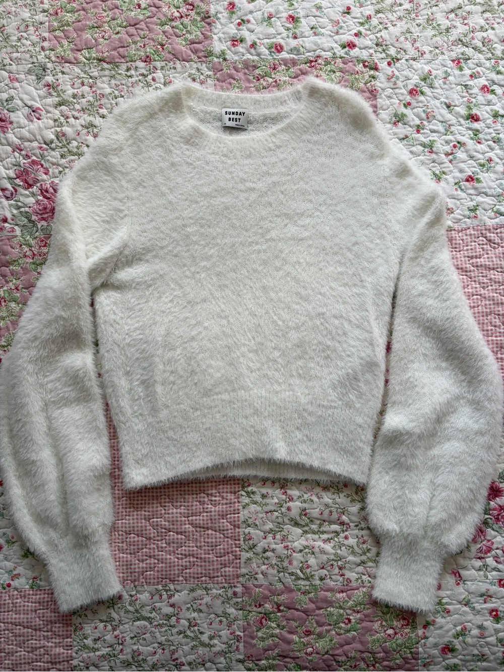 Sunday Best White Fuzzy Crewneck Sweater with Balloon Sleeves